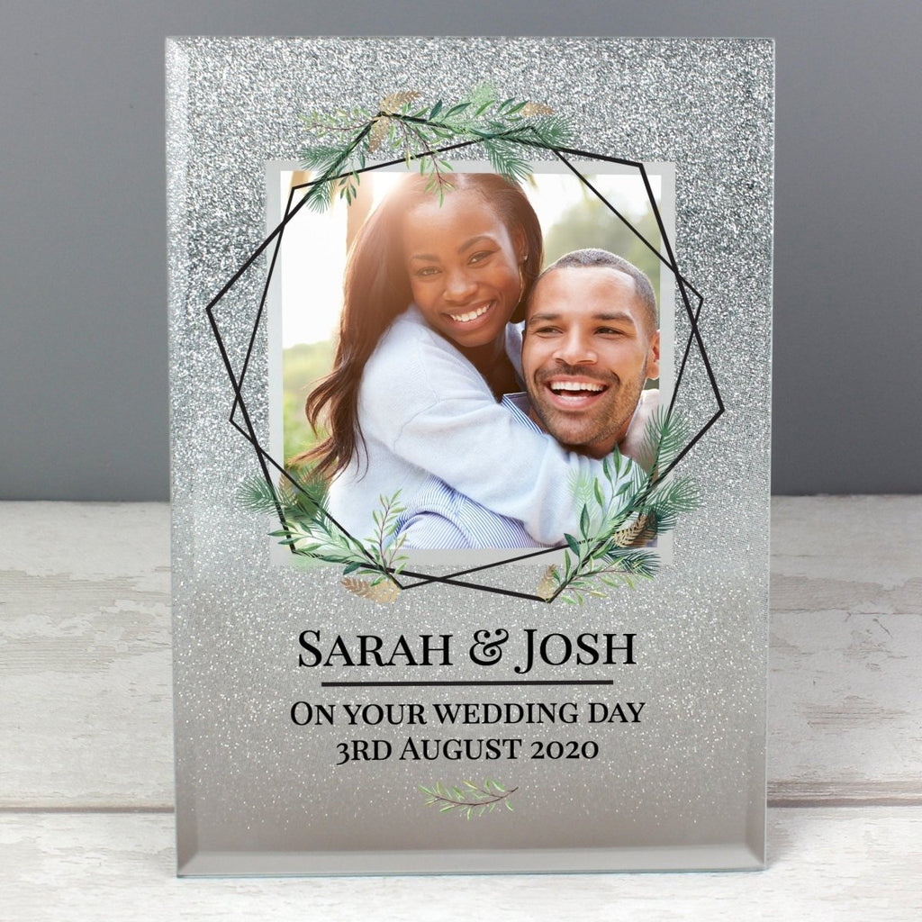 Personalised Geo Leaves 4x4 Glitter Glass Photo Frame - Engraved Memories