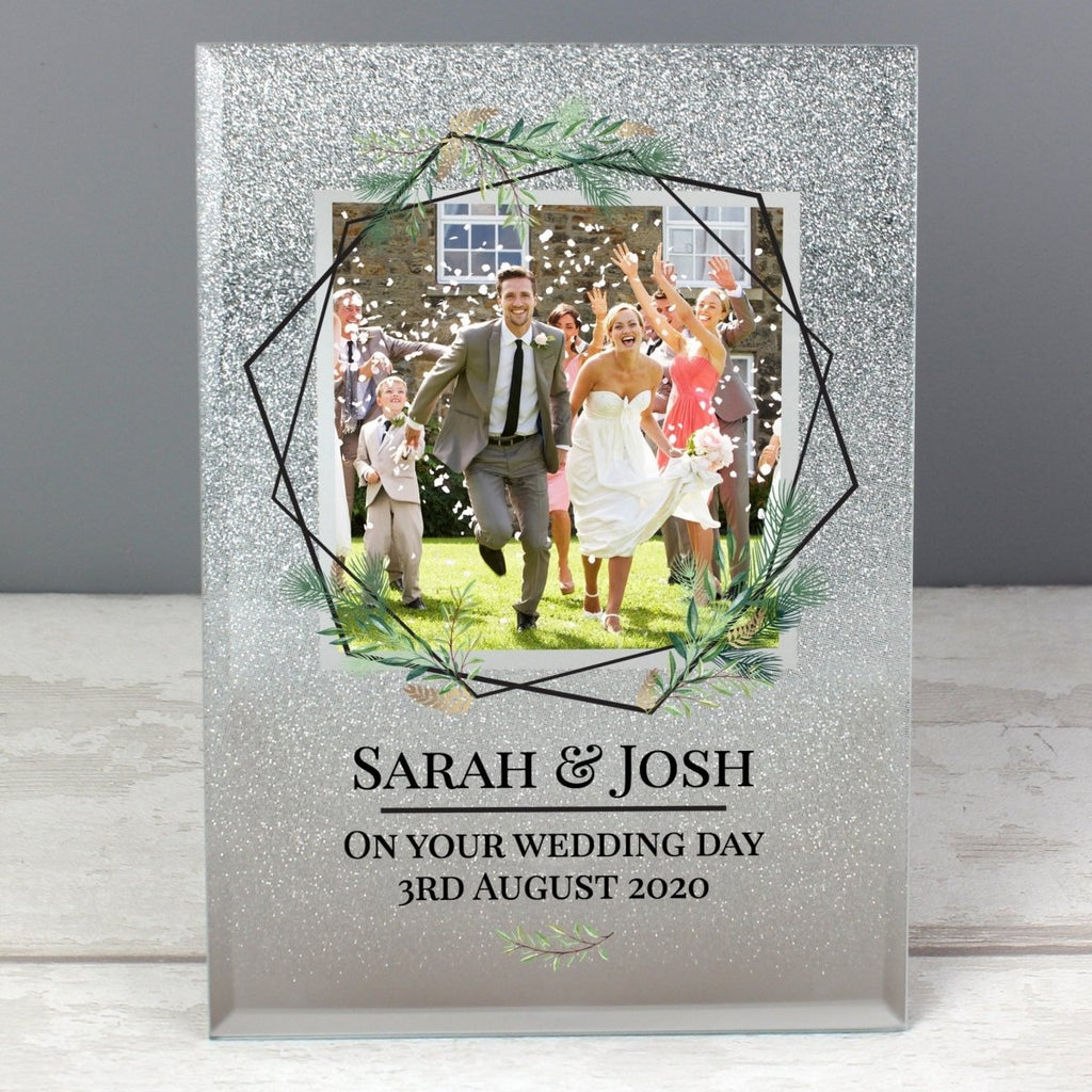 Personalised Geo Leaves 4x4 Glitter Glass Photo Frame - Engraved Memories