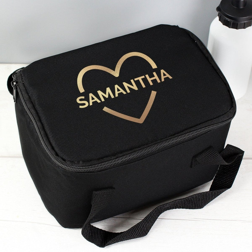 Personalised Gold Heart Black Lunch Bag - Engraved Memories