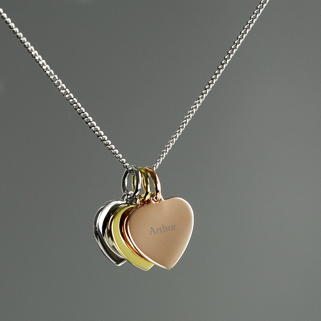 Personalised Gold, Rose Gold and Silver 3 Hearts Necklace - Engraved Memories