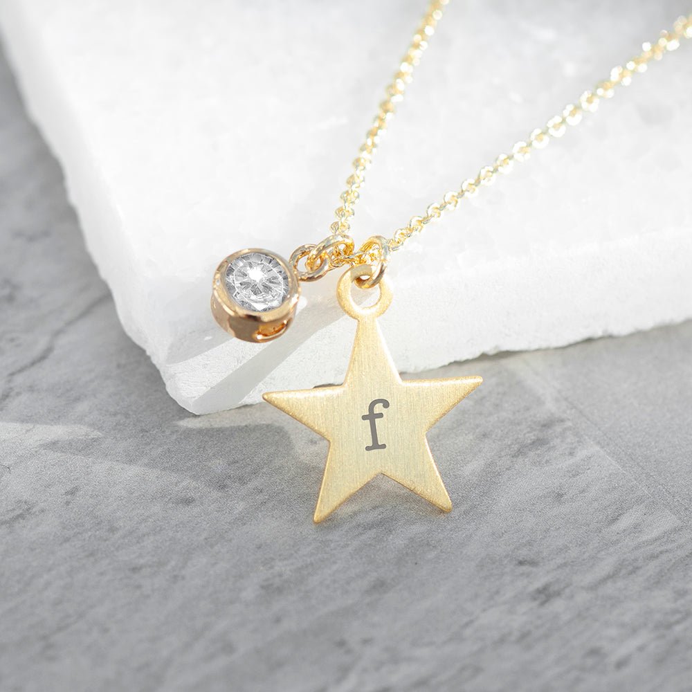 Personalised Gold Star with Birthstone Crystal Necklace - Engraved Memories