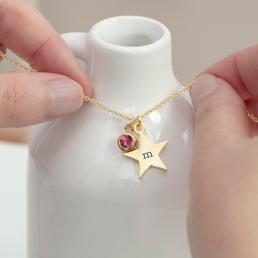 Personalised Gold Star with Birthstone Crystal Necklace - Engraved Memories