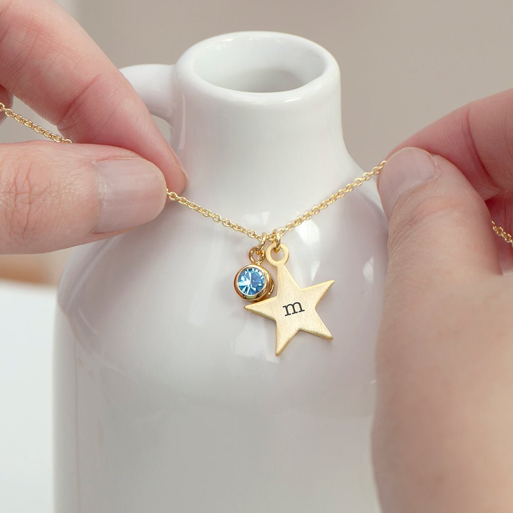 Personalised Gold Star with Birthstone Crystal Necklace - Engraved Memories