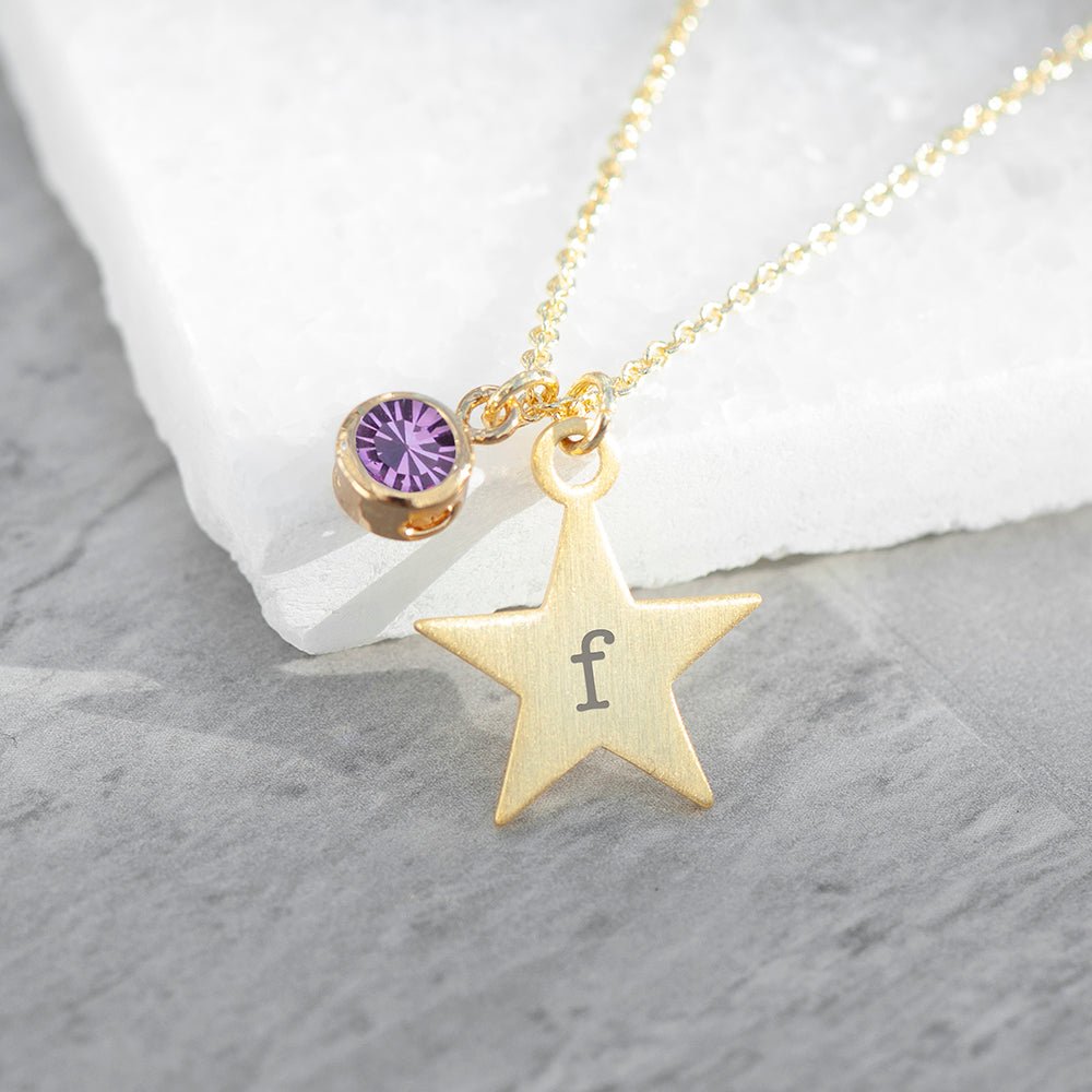 Personalised Gold Star with Birthstone Crystal Necklace - Engraved Memories