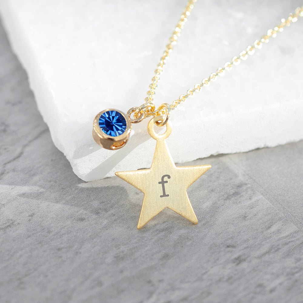 Personalised Gold Star with Birthstone Crystal Necklace - Engraved Memories