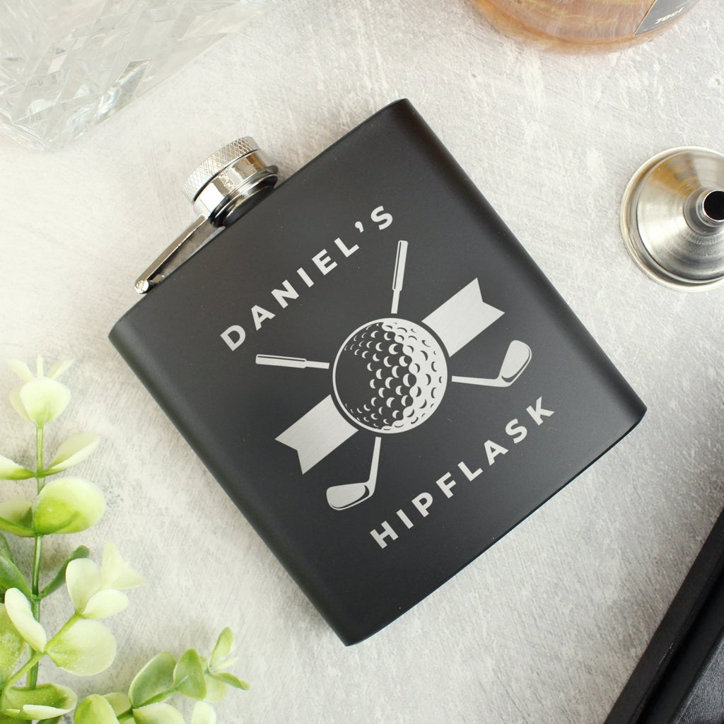 Personalised Golf Black Hip Flask, Father's day Gift for Men - Engraved Memories