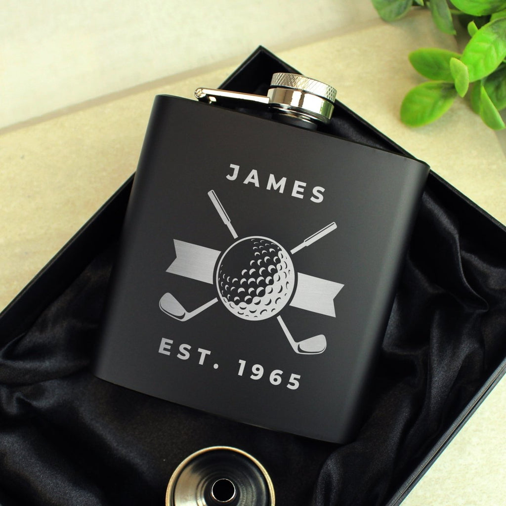 Personalised Golf Black Hip Flask, Father's day Gift for Men - Engraved Memories