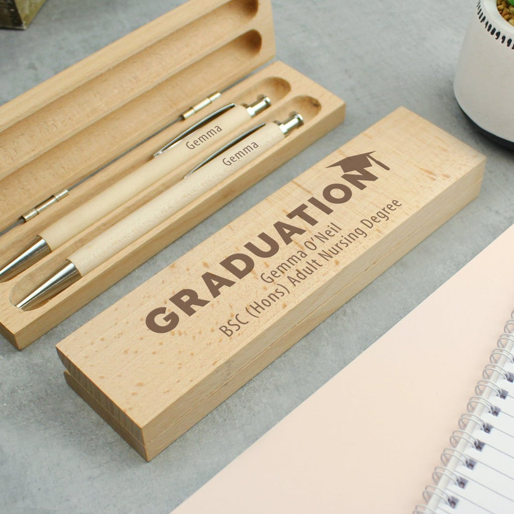 Personalised Graduation Wooden Pen and Pencil Set - Engraved Memories