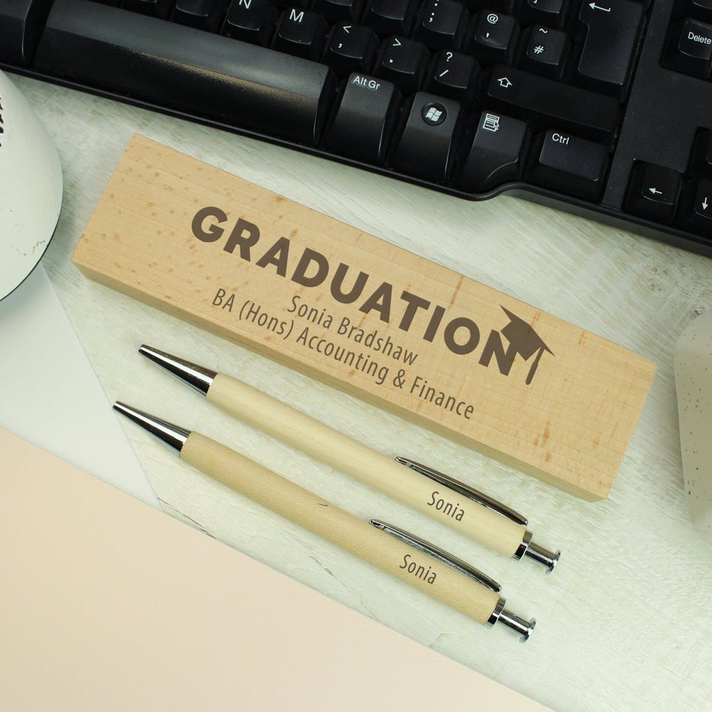 Personalised Graduation Wooden Pen and Pencil Set - Engraved Memories