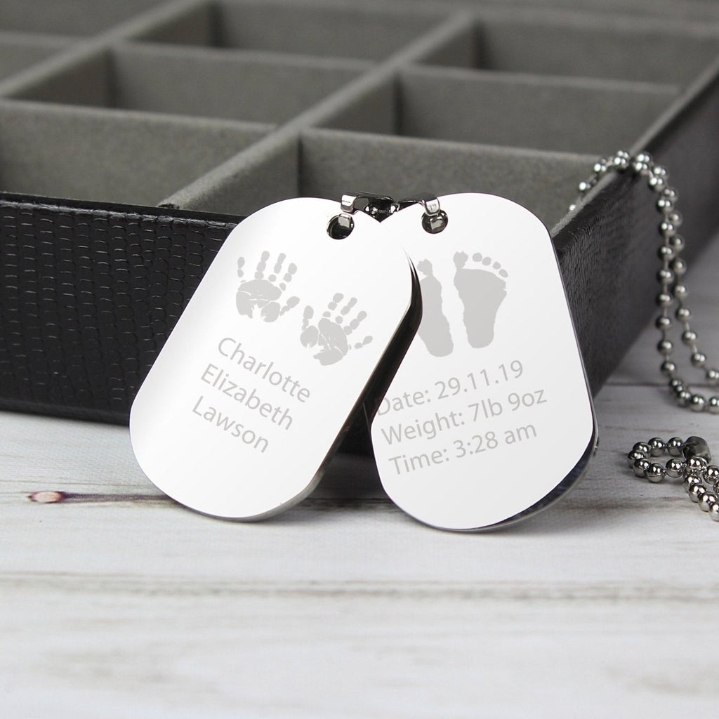 Personalised Hands and Feet New Baby Stainless Steel Double Dog Tag Necklace - Engraved Memories