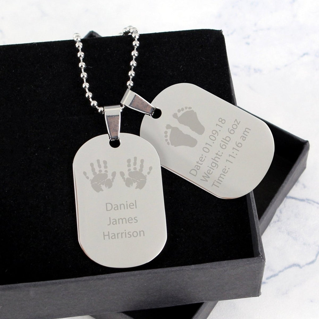 Personalised Hands and Feet New Baby Stainless Steel Double Dog Tag Necklace - Engraved Memories