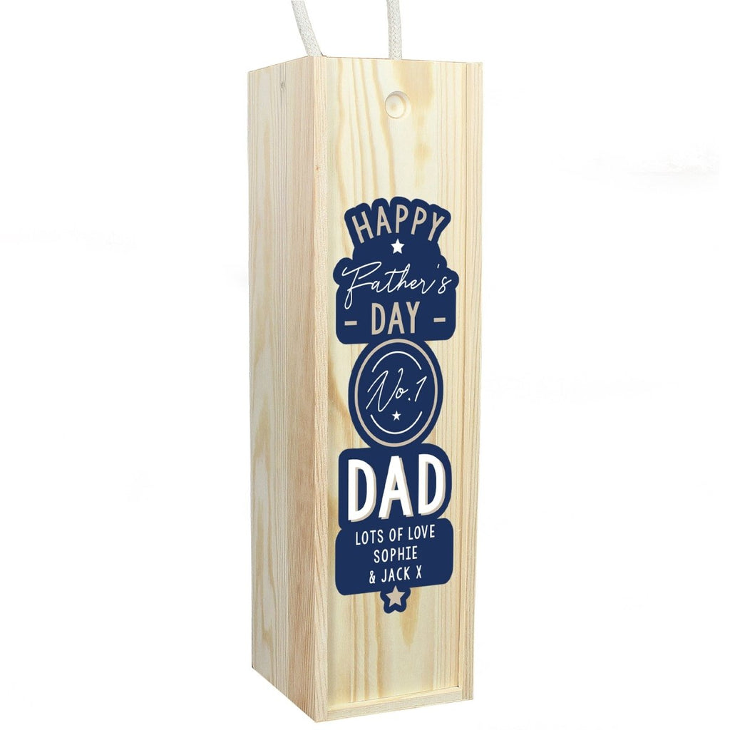 Personalised Happy Father's Day No. 1 Dad Wooden Wine Bottle Box, Father's day Gift for Men - Engraved Memories