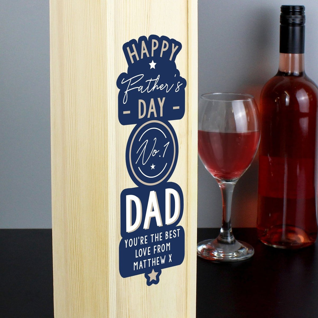 Personalised Happy Father's Day No. 1 Dad Wooden Wine Bottle Box, Father's day Gift for Men - Engraved Memories
