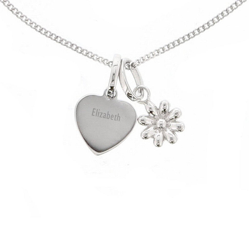 Personalised Heart and Daisy Sterling Silver Necklace - Engraved Memories