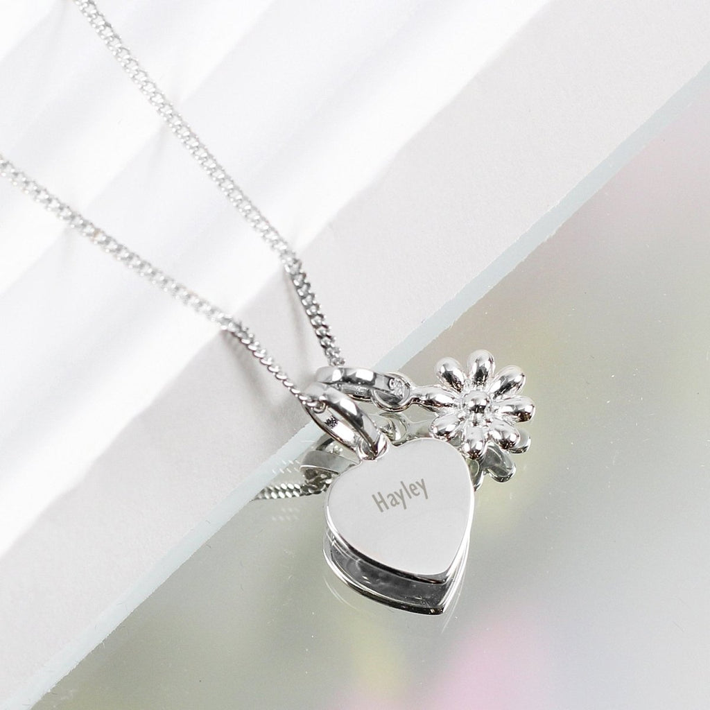 Personalised Heart and Daisy Sterling Silver Necklace - Engraved Memories