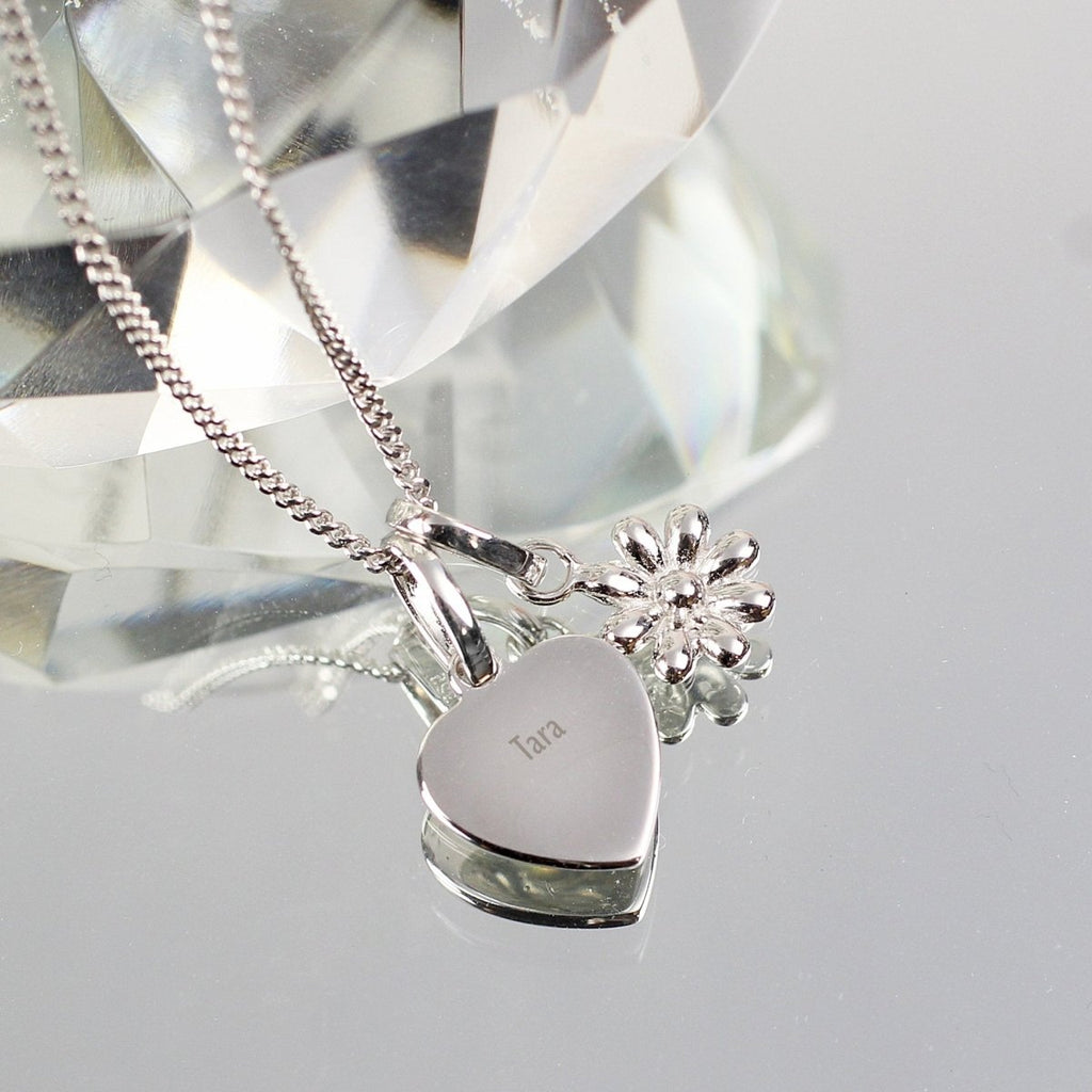 Personalised Heart and Daisy Sterling Silver Necklace - Engraved Memories