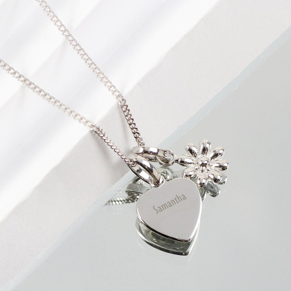 Personalised Heart and Daisy Sterling Silver Necklace - Engraved Memories