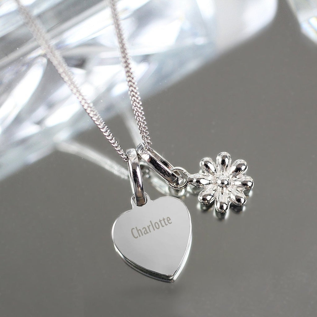 Personalised Heart and Daisy Sterling Silver Necklace - Engraved Memories