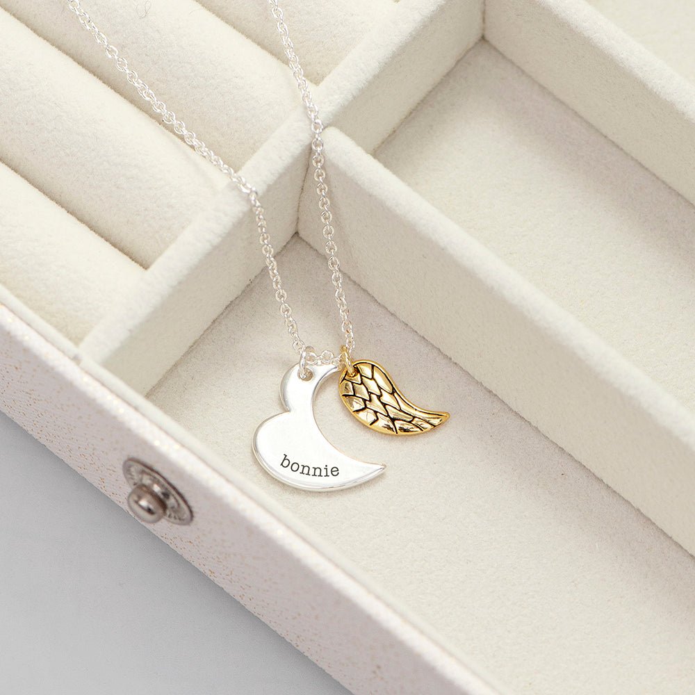 Personalised Heart and Wing Necklace - Engraved Memories