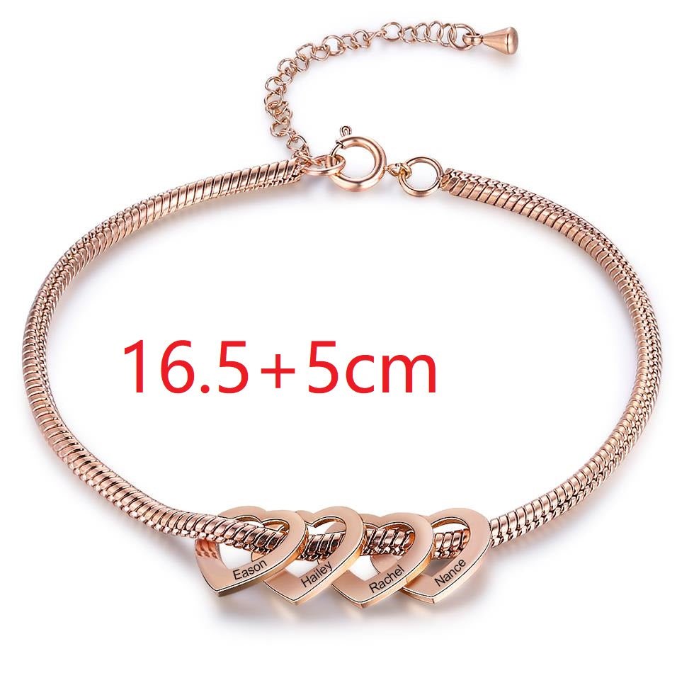 Personalised Heart Charm Bracelet for Mum or Nan in Rose Gold, Gold or Silver - Laser Engraved with Names - Engraved Memories