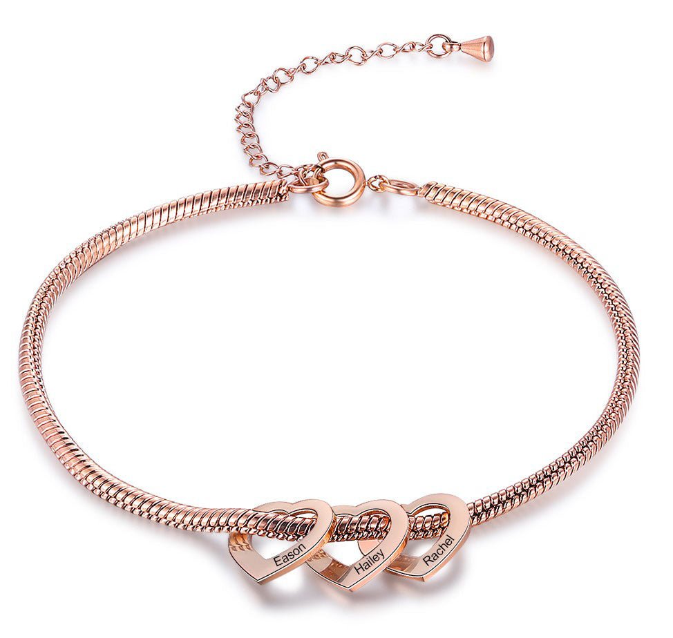 Personalised Heart Charm Bracelet for Mum or Nan in Rose Gold, Gold or Silver - Laser Engraved with Names - Engraved Memories