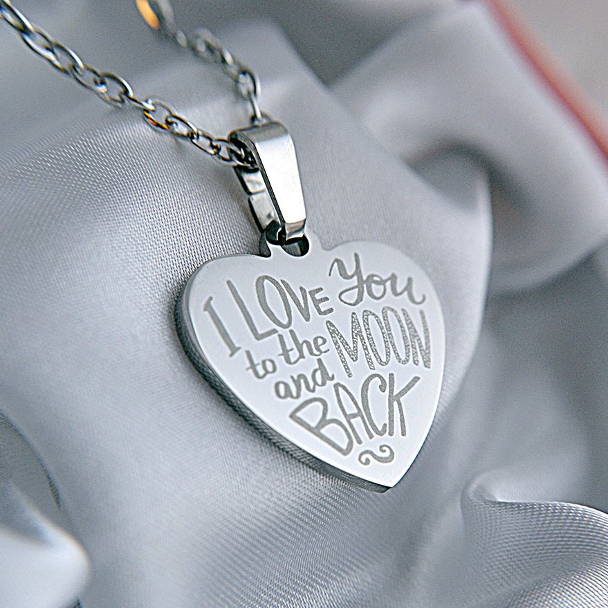 Personalised Heart Pendant "I love you to the moon and back" with a 22" Necklace Mother's day gift - Engraved Memories
