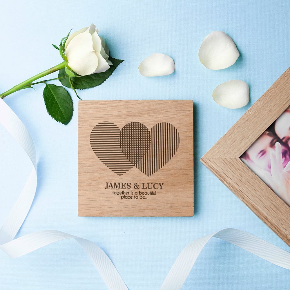 Personalised Heart Venn Diagram Oak Photo Cube - Engraved Memories