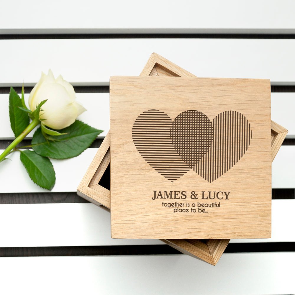 Personalised Heart Venn Diagram Oak Photo Cube - Engraved Memories