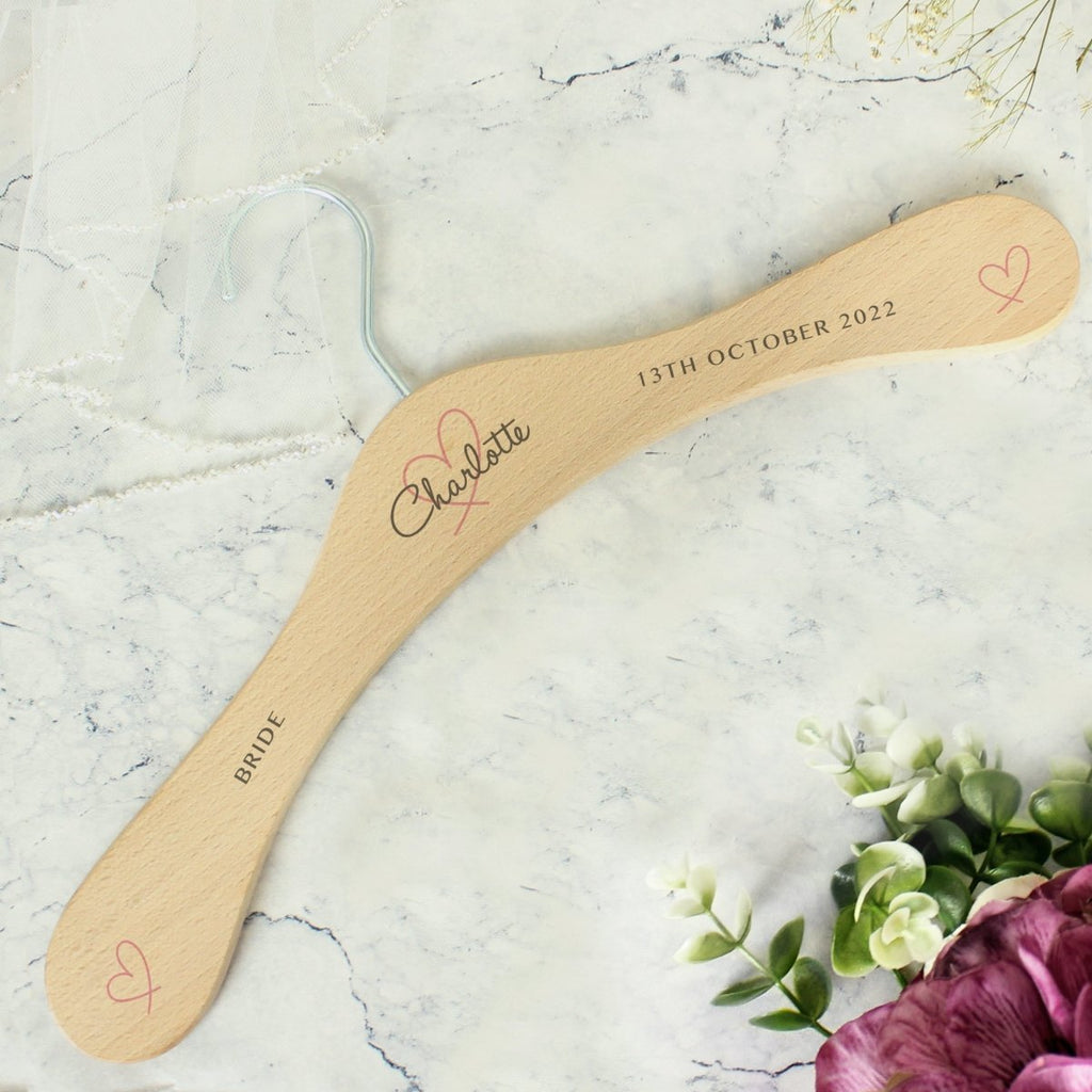 Personalised Heart Wooden Hanger, Wedding accessories, Bride and Groom Gift - Engraved Memories