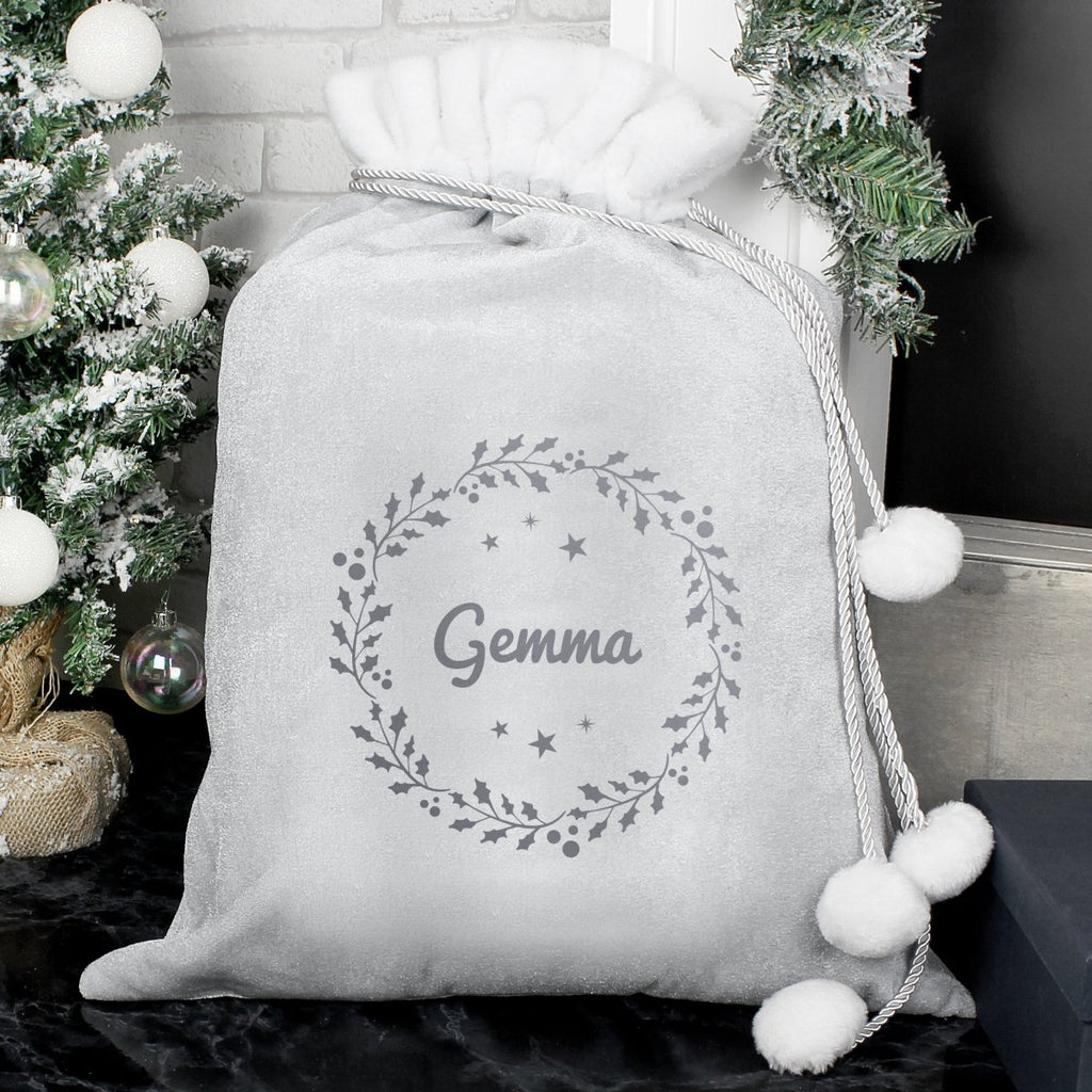 Personalised Holly Grey Christmas Sack - Engraved Memories