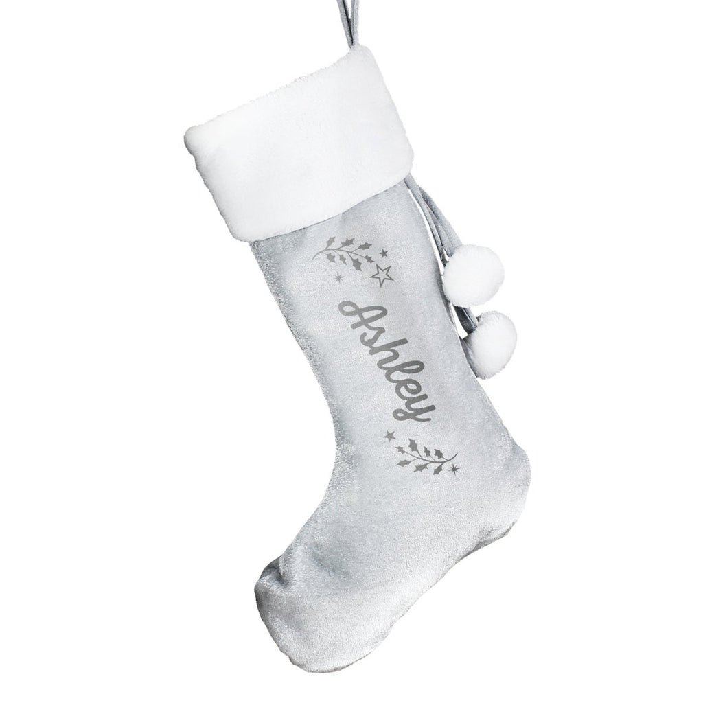 Personalised Holly Grey Christmas Stocking - Engraved Memories