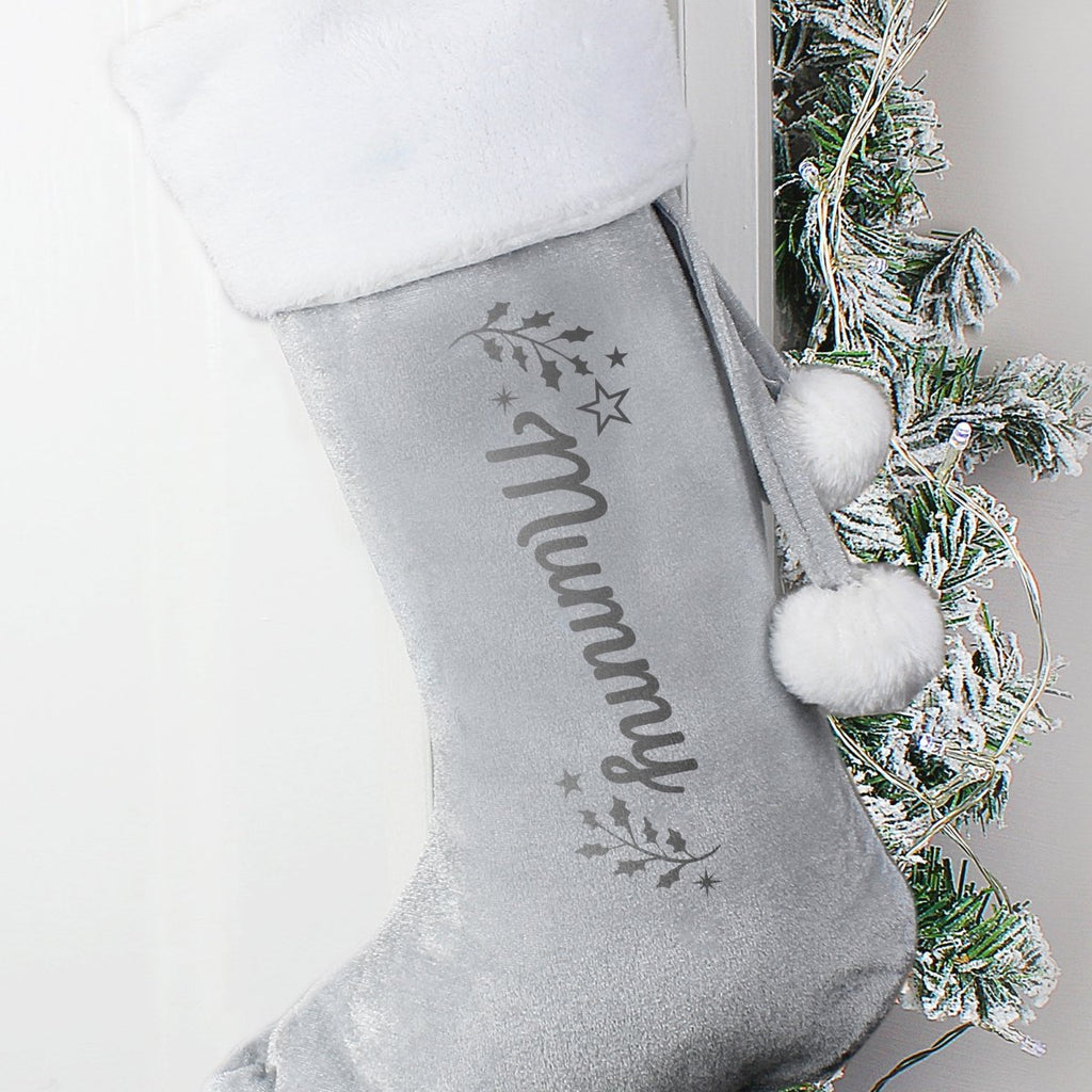 Personalised Holly Grey Christmas Stocking - Engraved Memories