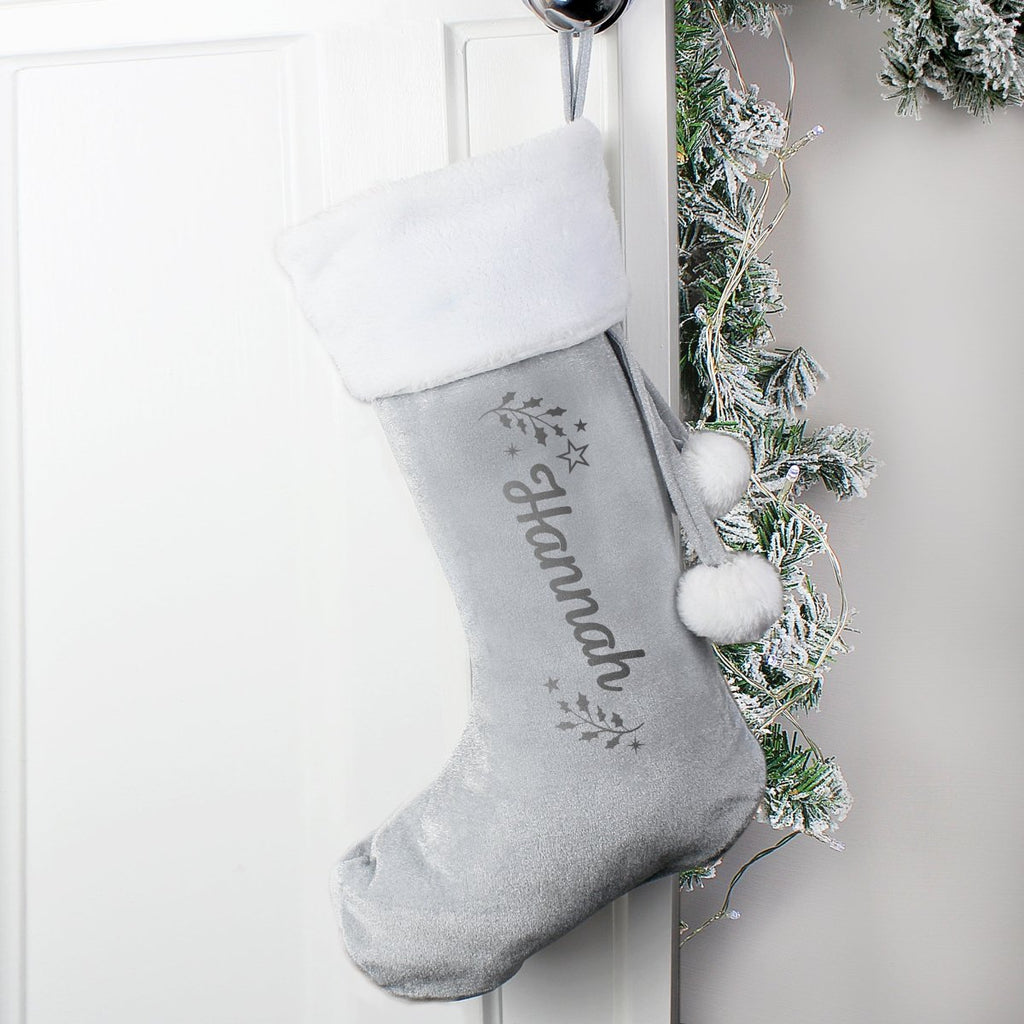Personalised Holly Grey Christmas Stocking - Engraved Memories