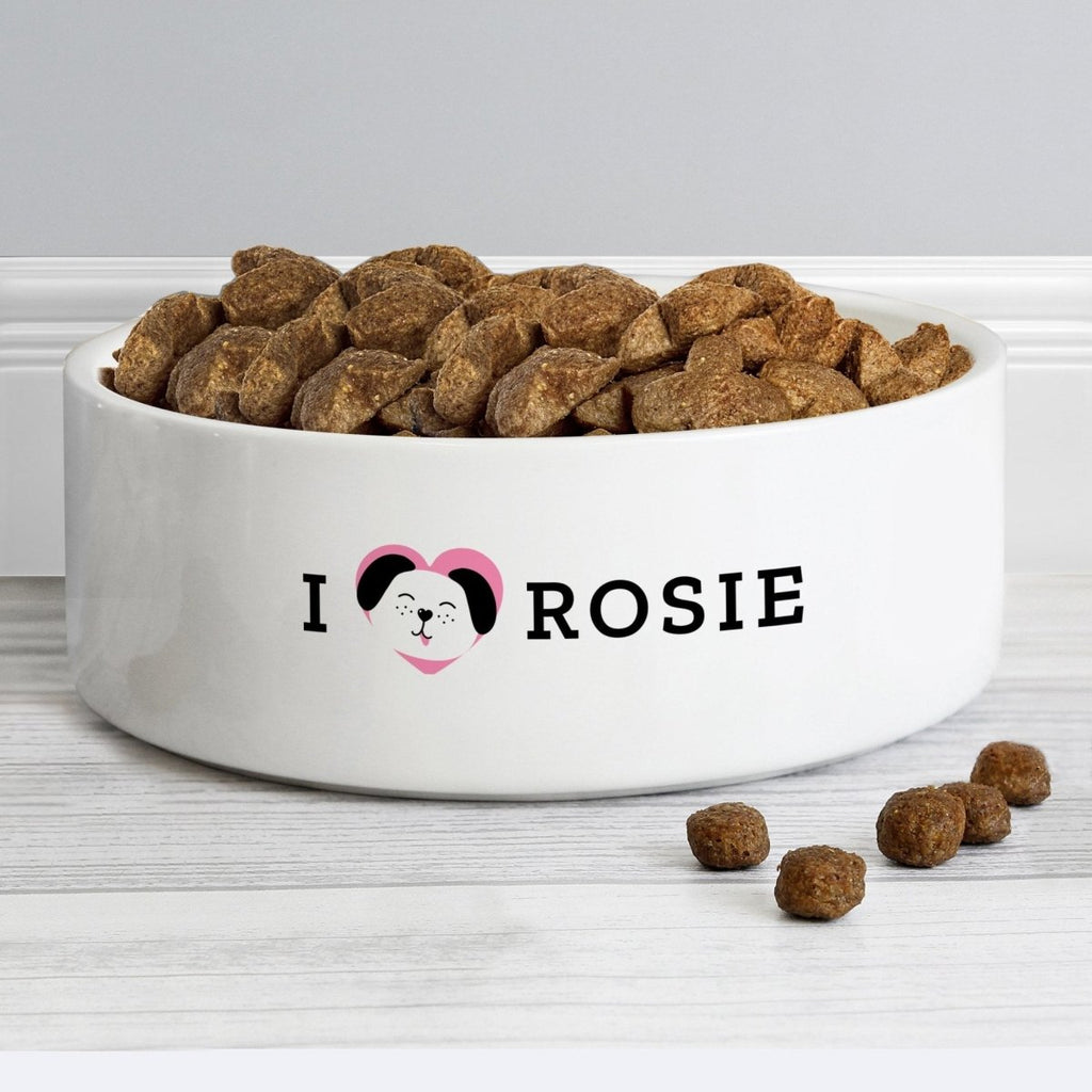 Personalised I Love my Dog - Cute Design 14cm Medium Ceramic White Pet Bowl - Engraved Memories