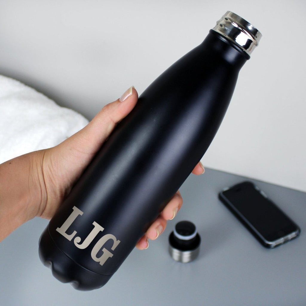 Personalised Initials Black Metal Insulated Drinks Bottle - Engraved Memories