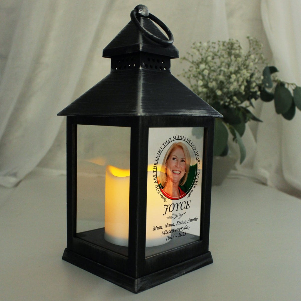 Personalised Lantern, Light In Our Hearts Photo Memorial Black Lantern - Engraved Memories