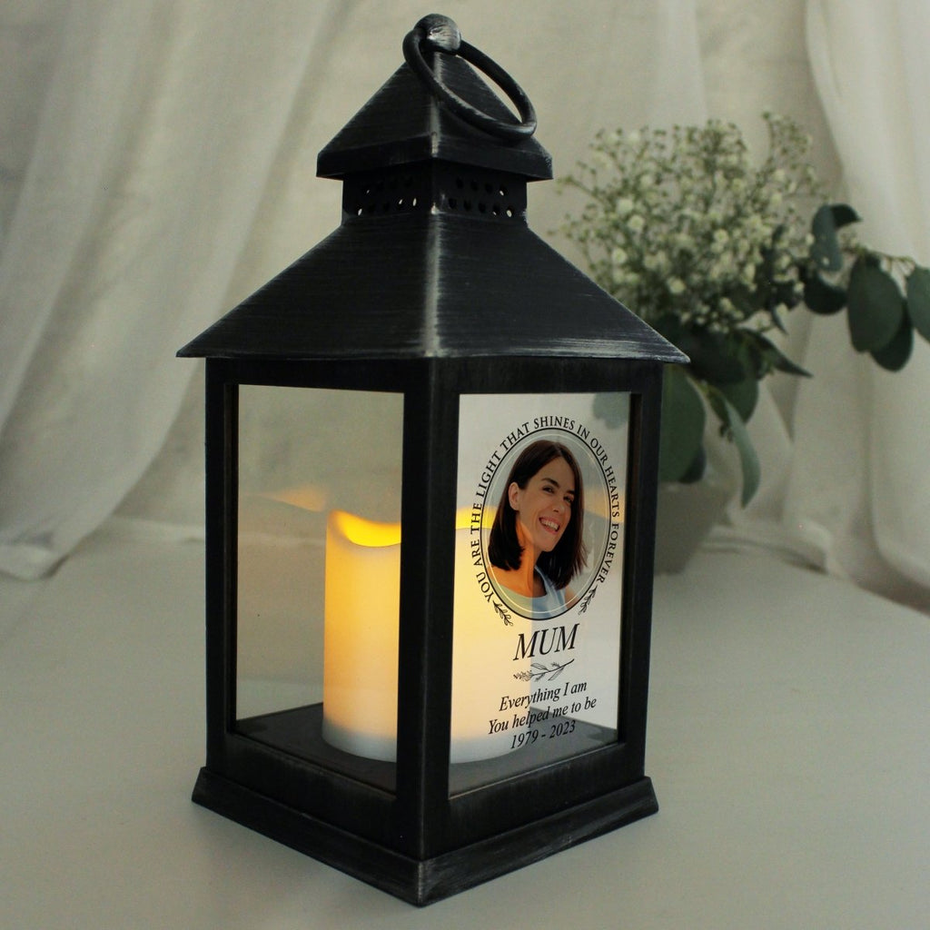 Personalised Lantern, Light In Our Hearts Photo Memorial Black Lantern - Engraved Memories