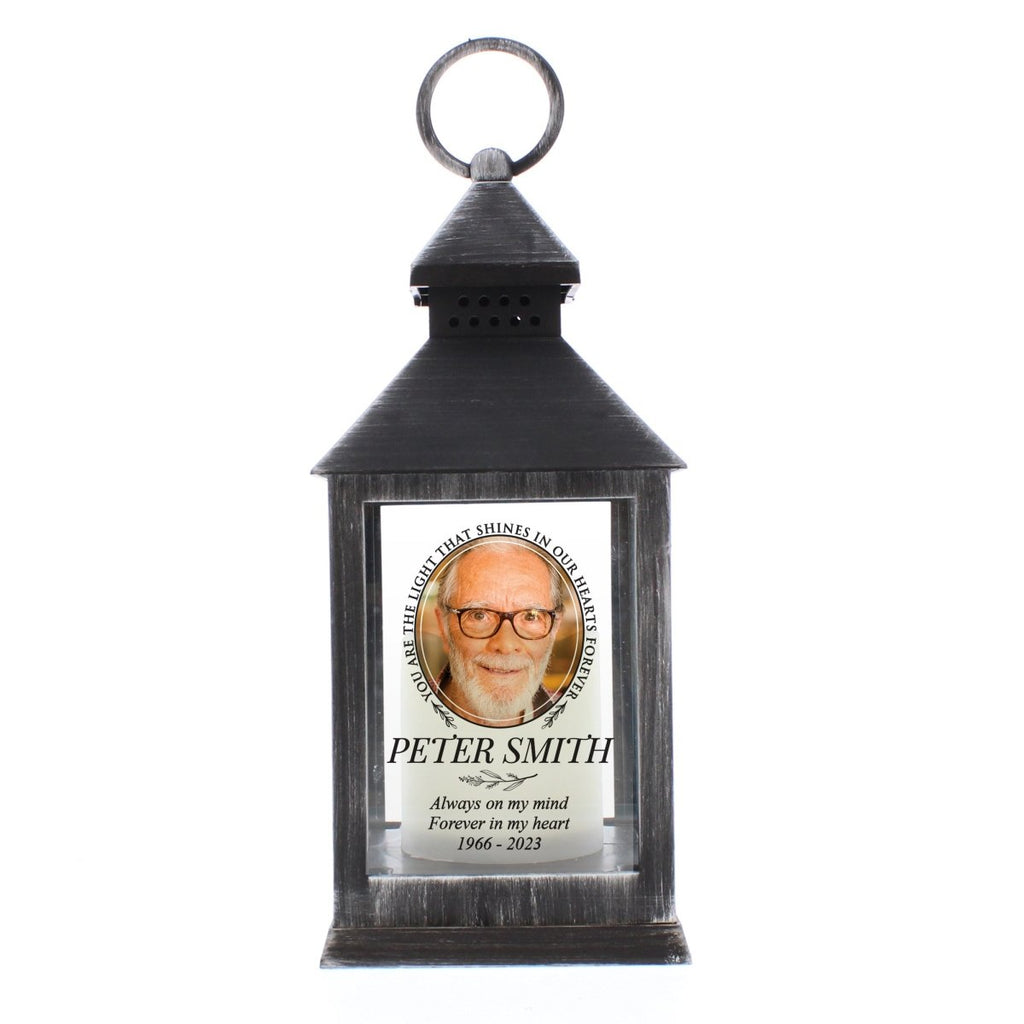 Personalised Lantern, Light In Our Hearts Photo Memorial Black Lantern - Engraved Memories