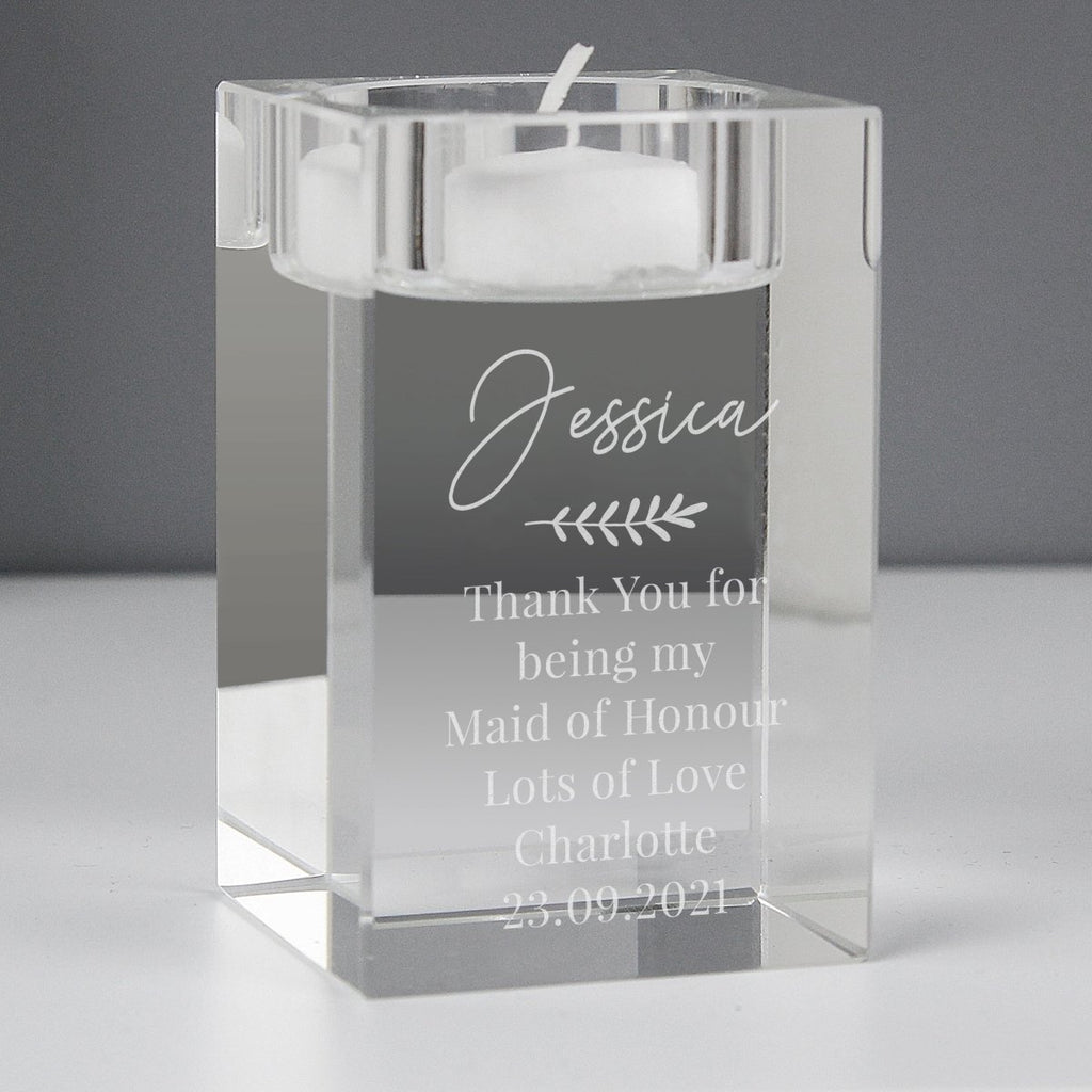 Personalised Leaf Free Text Glass Tea Light Holder - Engraved Memories