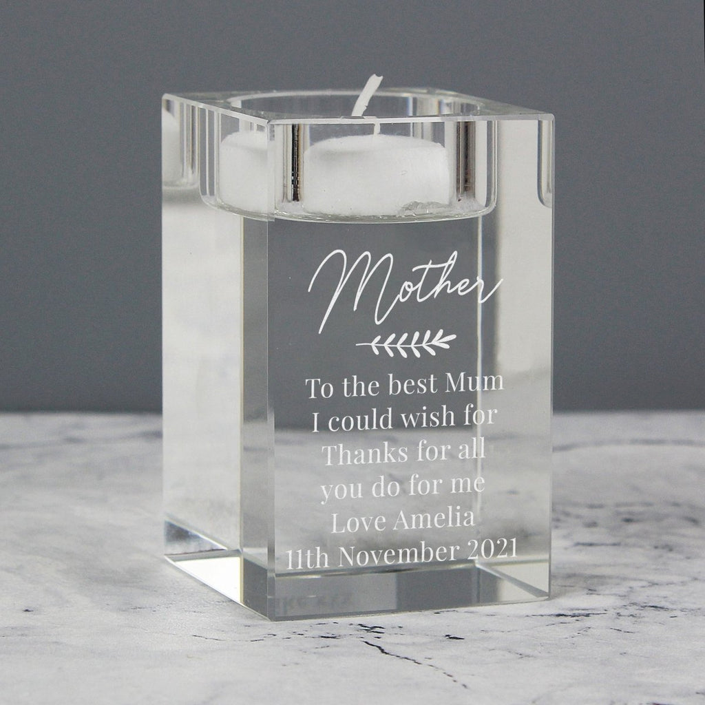 Personalised Leaf Free Text Glass Tea Light Holder - Engraved Memories