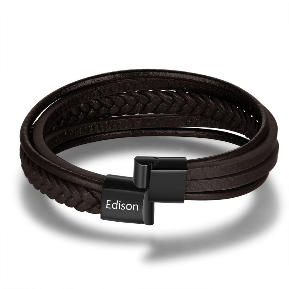 Personalized stainless steel leather bracelet, black/brown, 22cm, men's name bracelet, 18g.