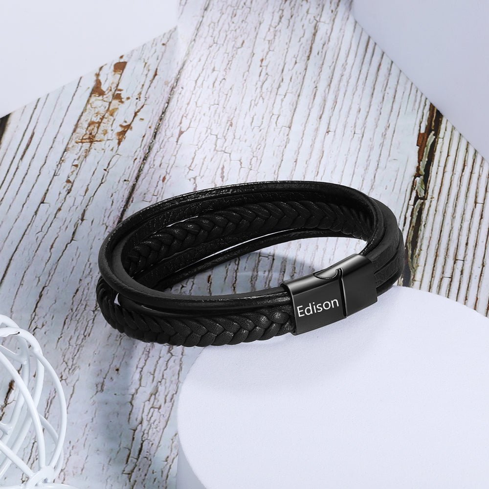 Personalized stainless steel leather bracelet, black/brown, 22cm, men's name bracelet, 18g.