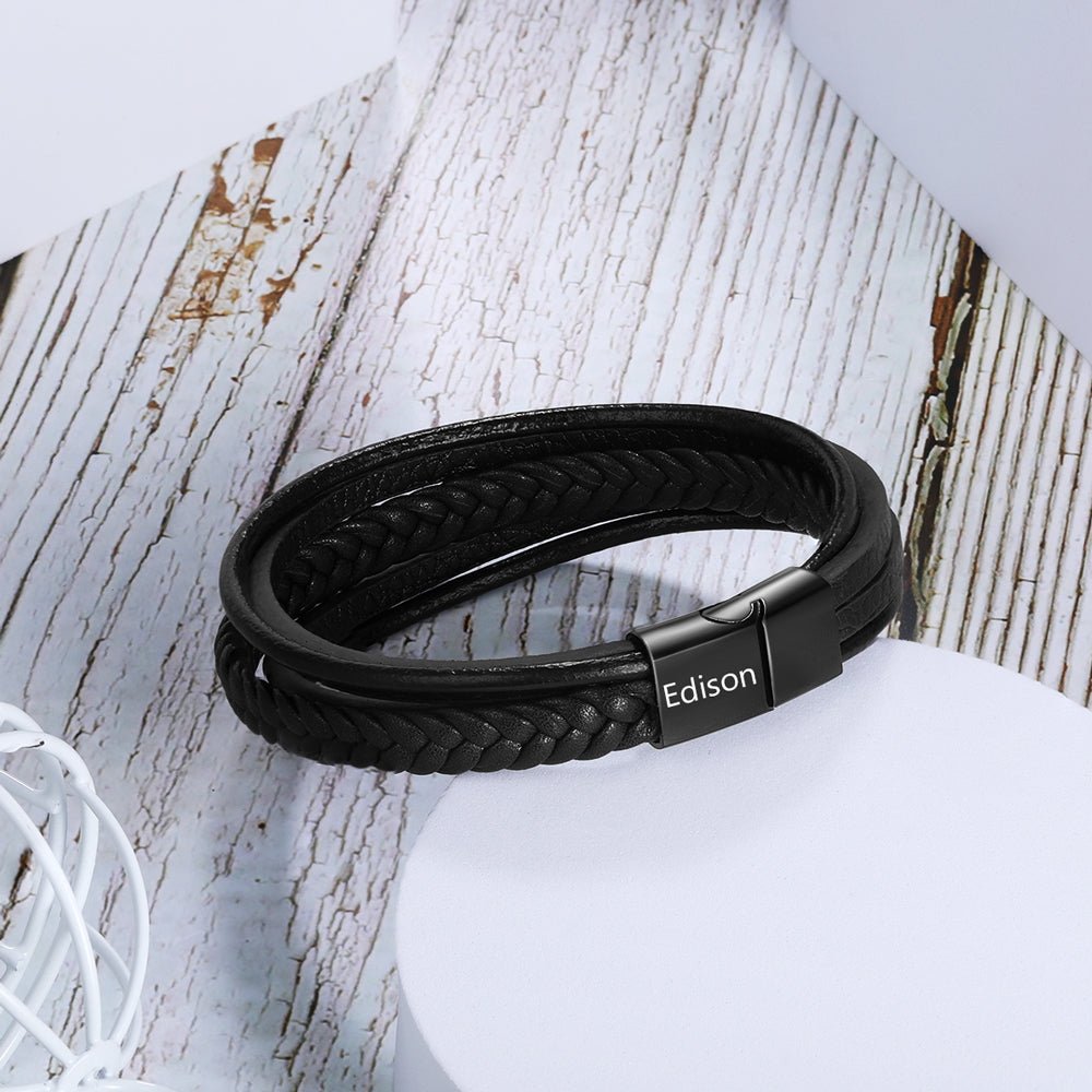 Personalised Leather Bracelet - Dad Gift, Stainless Steel Black / Brown Men's Bracelet, Father's day Gift, Name Bracelet - Engraved Memories