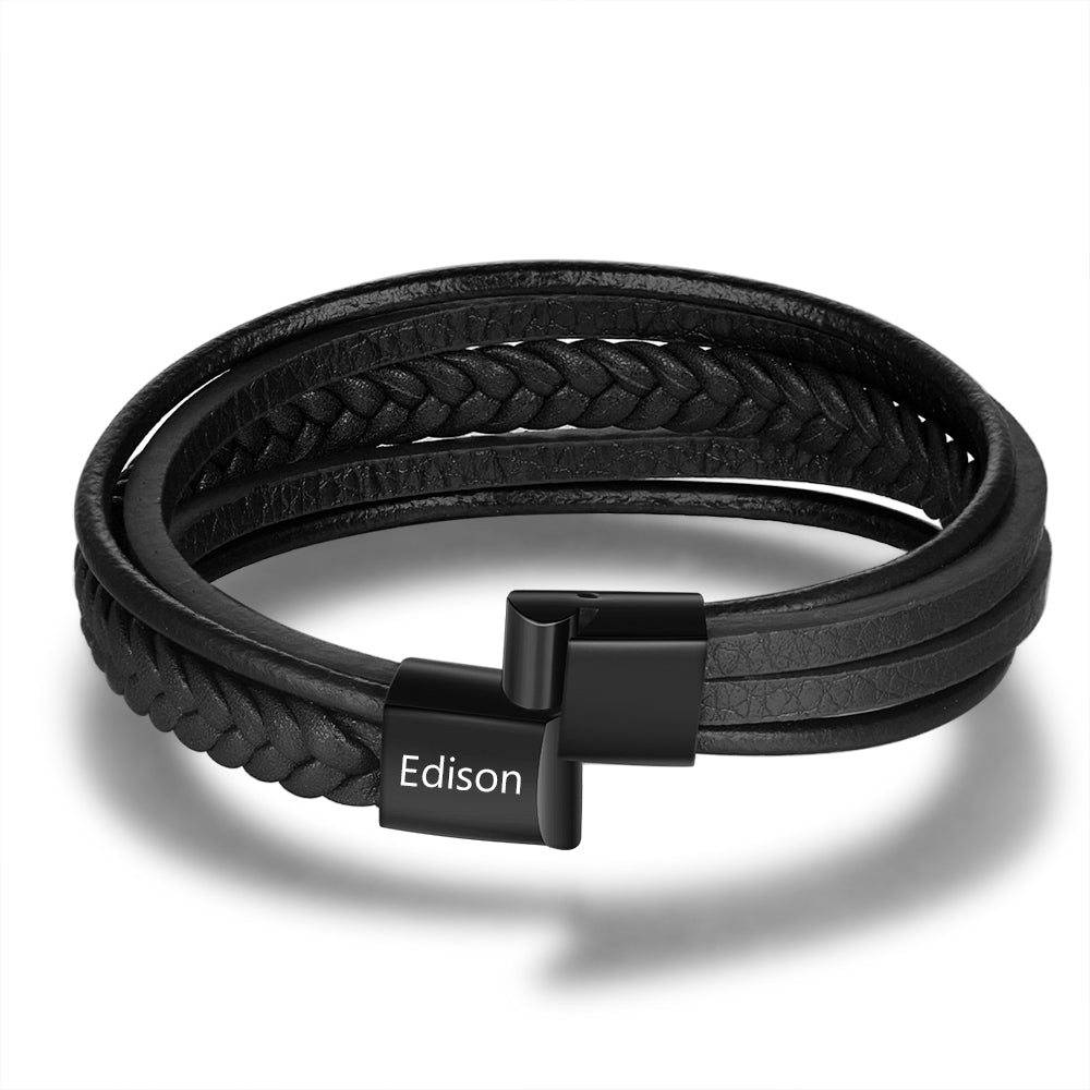 Personalized stainless steel leather bracelet, black/brown, 22cm, men's name bracelet, 18g.