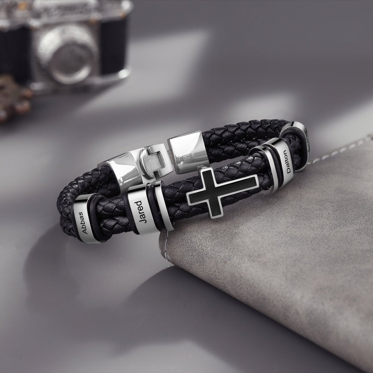 Personalised Leather Cross Bracelet – Custom Engraved Name Tags