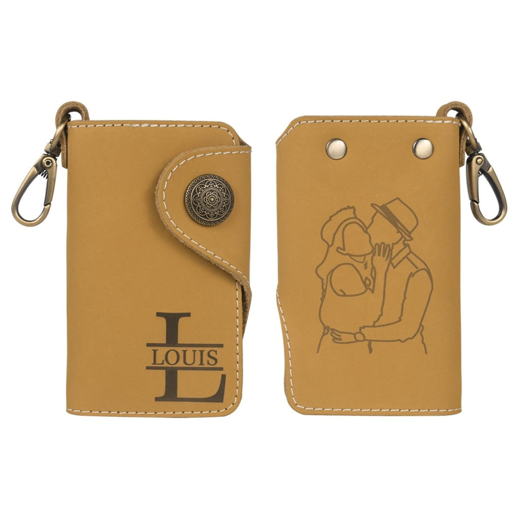 Personalised Leather Key Holder with Engraved Initial and Line Artwork, Line Art from photo - Engraved Memories