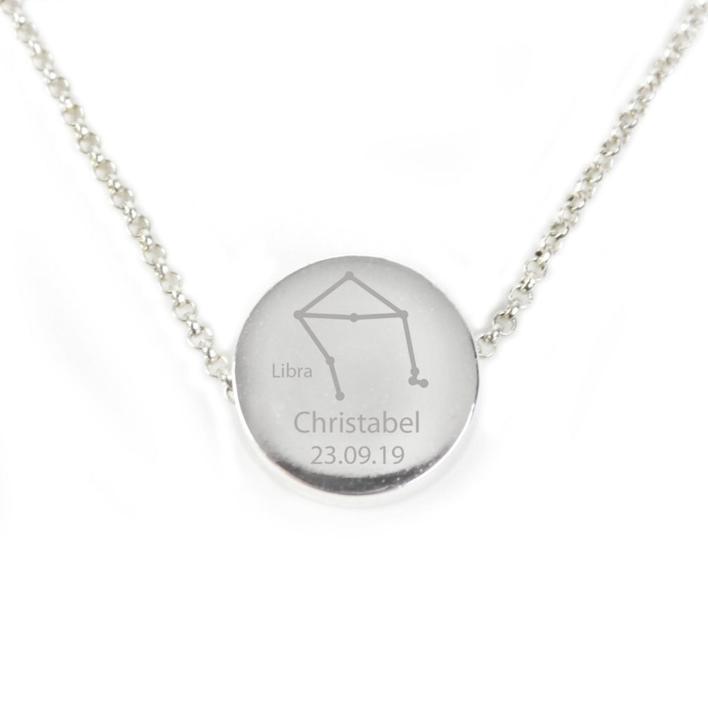 Personalised Libra Zodiac Star Sign Silver Tone Necklace (September 23rd - October 22nd) - Engraved Memories