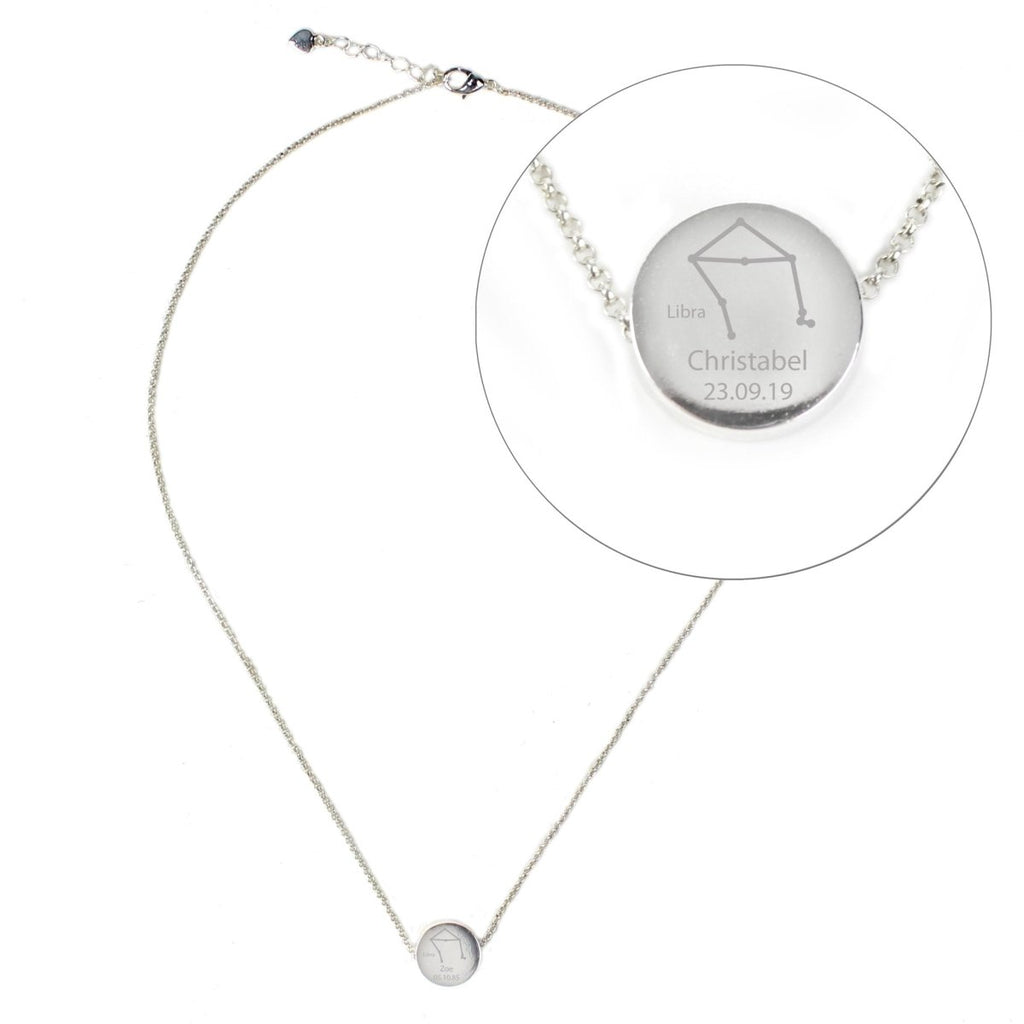 Personalised Libra Zodiac Star Sign Silver Tone Necklace (September 23rd - October 22nd) - Engraved Memories