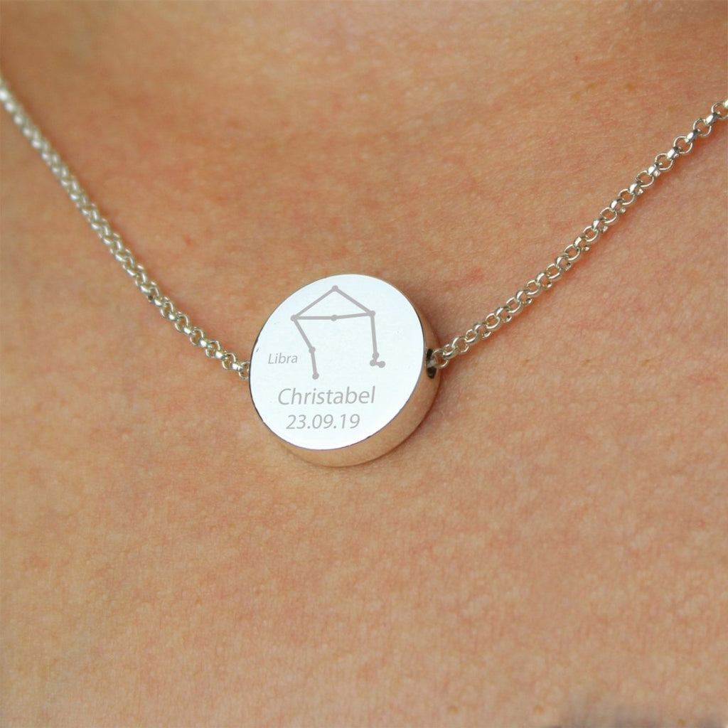 Personalised Libra Zodiac Star Sign Silver Tone Necklace (September 23rd - October 22nd) - Engraved Memories