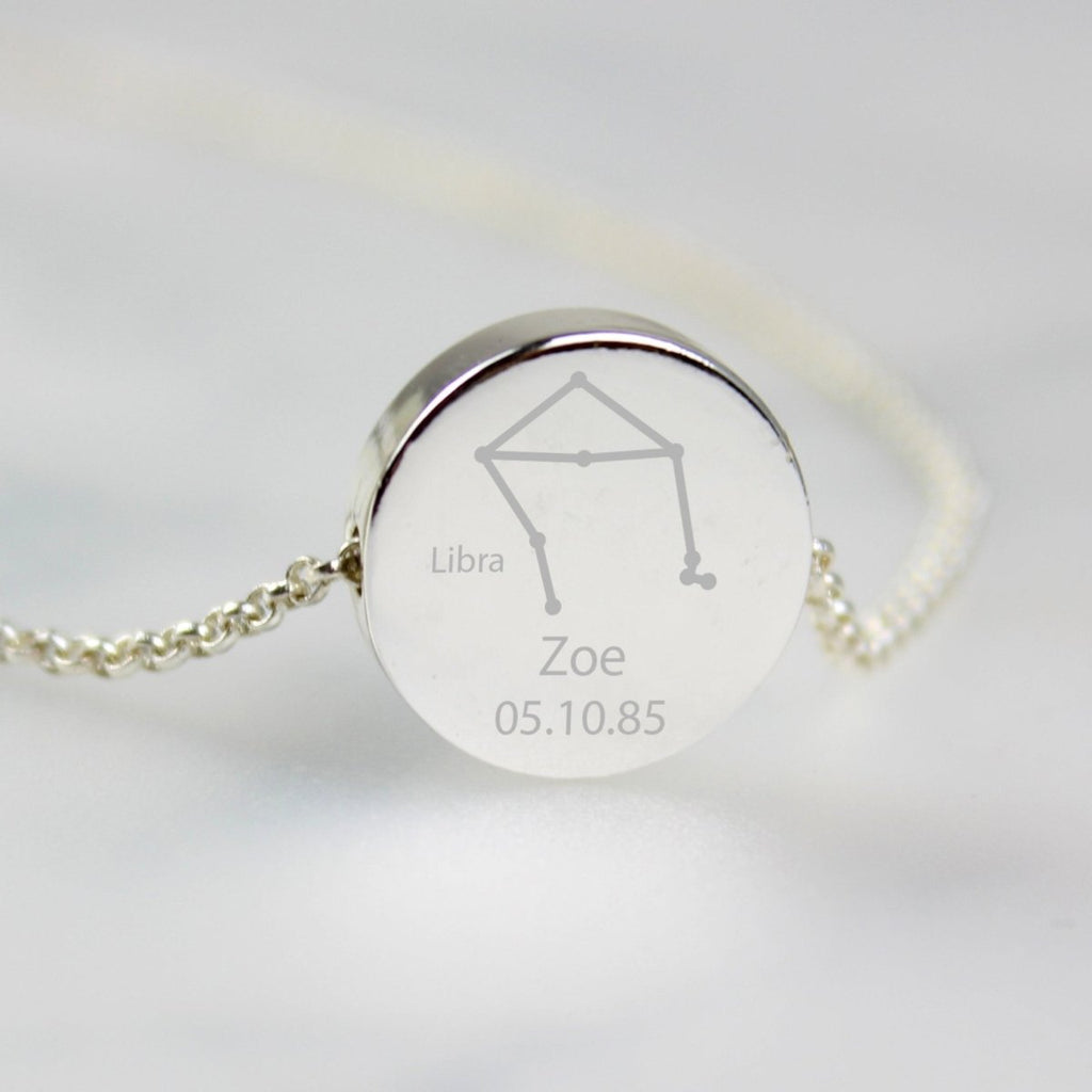 Personalised Libra Zodiac Star Sign Silver Tone Necklace (September 23rd - October 22nd) - Engraved Memories